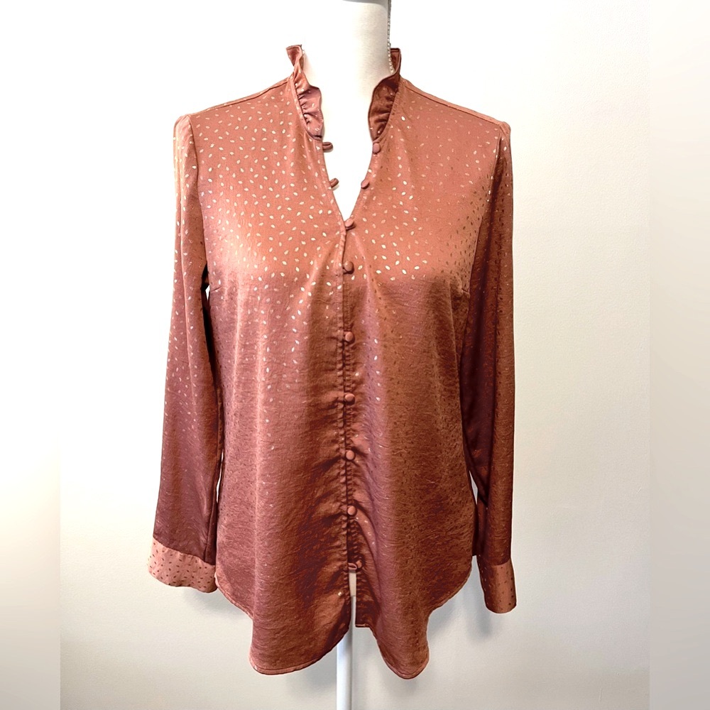Express Button Front Ruffle Neck Shirt Blouse Rust Orange with Gold Flecks. Sz M